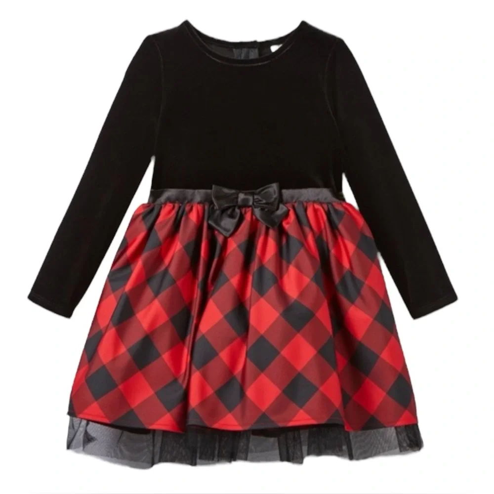 Cat & Jack Toddler Girls Velour Buffalo Check LS Dress Tulle Trim Layers 2T